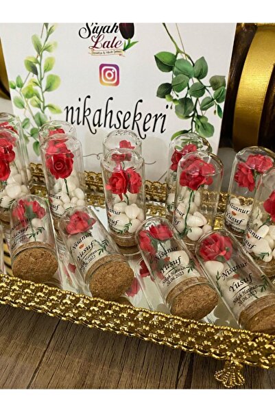 Siyah Lale Nikah Şekeri Cam Fanus 50 Adet Nikah Şekeri Kırmızı Güllü Kağıt Çi...