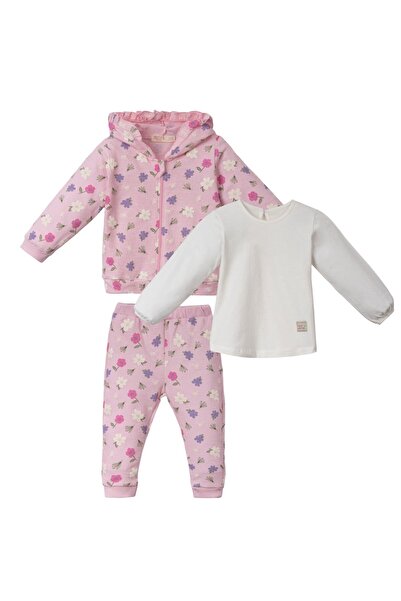 bebegen Kız Bebek Pembe Çiçek Desenli Fırfırlı Kapüşonlu 3'lü Set