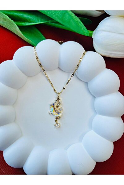 Sepetten Eve Kadın Paslanmaz Çelik Zirkon Taşlı Saydam Cam Hilal Yıldız Sarkı...