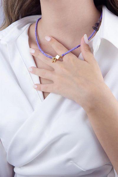 Sose Moda Letter H Lilac Bead Design Necklace