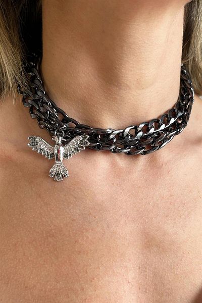 Sose Moda Black Chain Choker Necklace with Gray Phoenix Detail