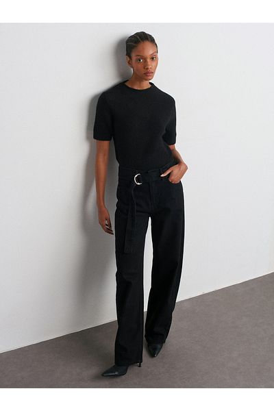Dilvin 71757 Belted Balloon Denim Trousers-Black