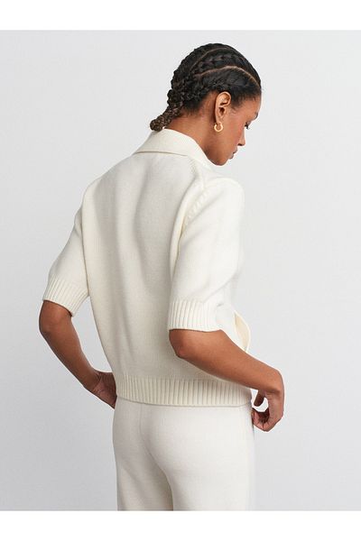 Dilvin 60285 Polo Neck Knitwear Cardigan with Buttons and Pockets, Ecru M.