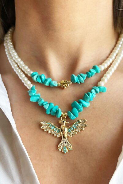 Sose Moda Turquoise Natural Broken Stone Double Pearl Necklace with Phoenix Detail