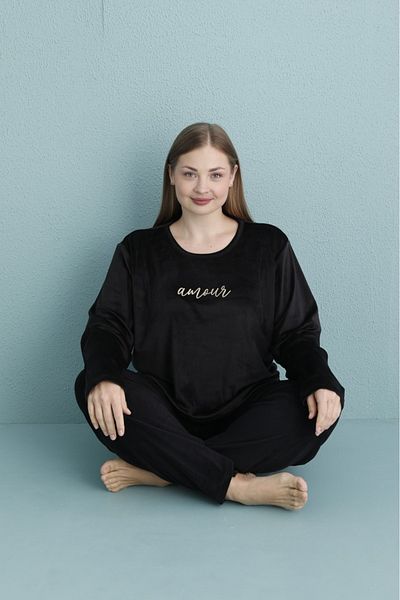 Elit Γυναικείο Σετ Πιτζάμες Velvet Amor Text Printed Plus Size