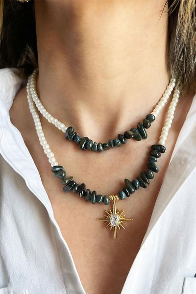 Sose Moda Khaki Color Broken Natural Stoned Double Pearl Necklace with Polar Star Detail