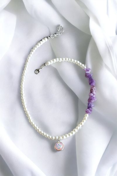 Sose Moda Purple Broken Stone Asymmetric Pearl Necklace