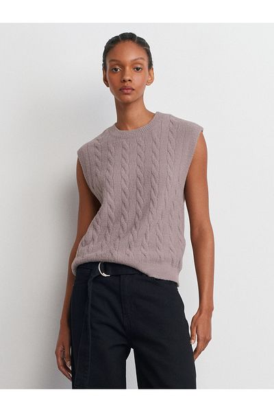 Dilvin 10674 Crew Neck Knitwear Sweater - Hair Braid Detail, Soft Texture, Mink