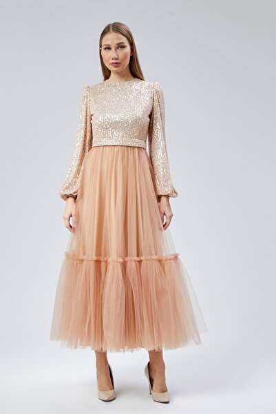 Asees Balon Kol Payetli Hayal Tüllü Tesettür Abiye Elbise