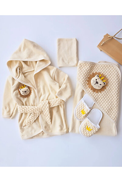 Bambabiy %100 Organic Premium Concon Baby Erkek Bebek Aslan Bornoz Takımı