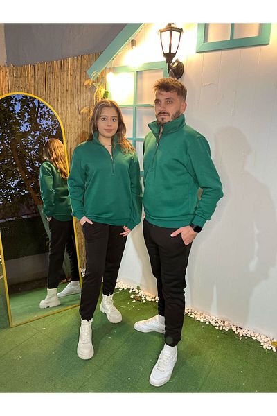 MODARİCH Φούτερ με 3 νήματα απλό Basic μισό φερμουάρ - Nefti Green Oversize Stand-up γιακά