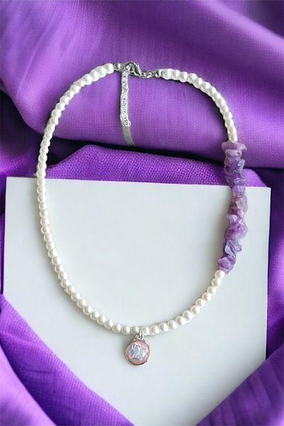 Sose Moda Purple Broken Stone Asymmetric Pearl Necklace