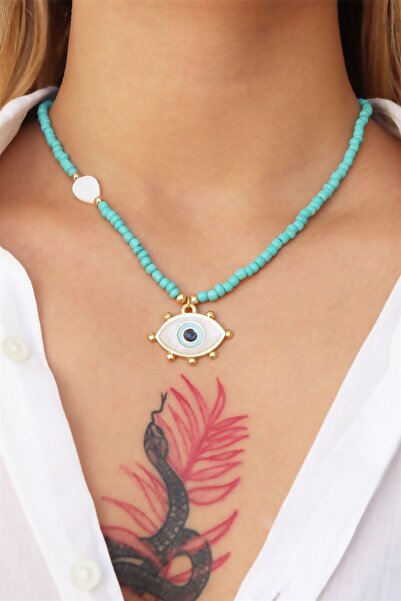 Sose Moda Turquoise Bead Necklace with Eye Figure