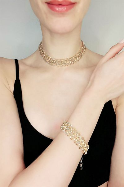 Sose Moda Asymmetric Design Gold Necklace Bracelet Set