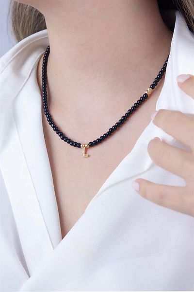 Sose Moda L Letter Black Pearl Design Necklace