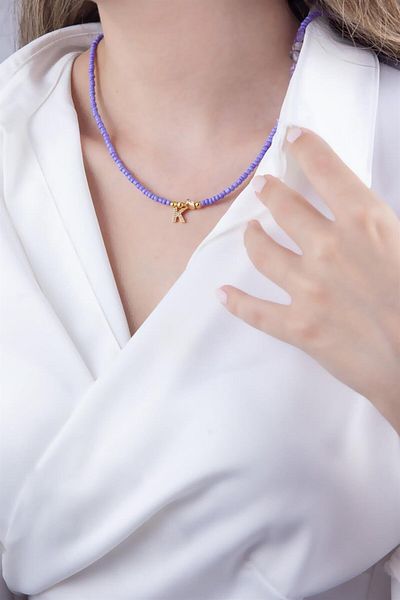 Sose Moda Lilac Bead Design Necklace with Letter K