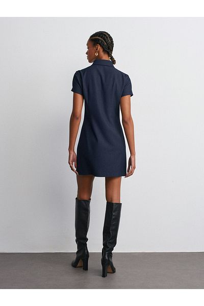 Dilvin 90905 Gold Button Short Dress-Navy