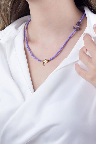 Sose Moda Lilac Bead Design Necklace with Letter L