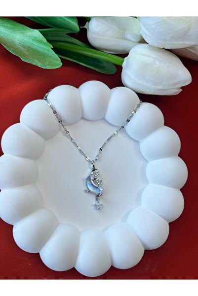 Sepetten Eve 316L Çelik KARARMAZ Gümüş kaplama Zincir Ay Yıldız Kadın Kolye Yılbaşı Hediyesi Sevgiliye