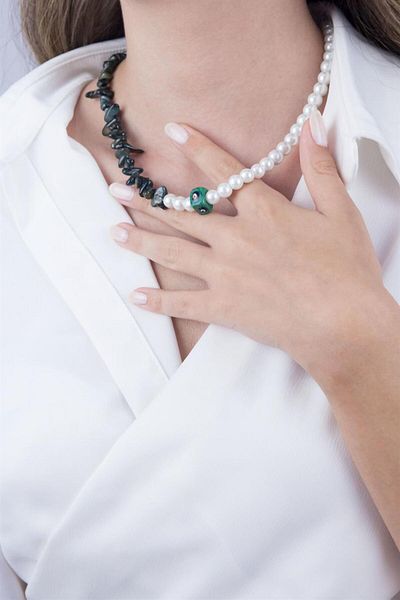 Sose Moda Green Evil Eye Beaded Necklace with Broken Stones and Pearls
