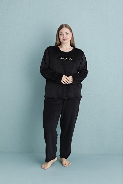 Elit Women's Velvet Amor Letter Printed Plus Size Pajamas Set