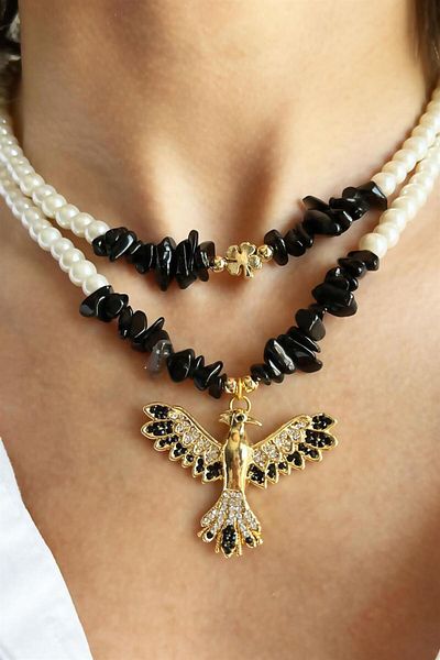 Sose Moda Black Natural Broken Stone Double Pearl Necklace with Phoenix Detail