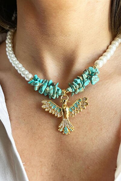 Sose Moda Natural Turquoise Broken Stone Phoenix Detailed Pearl Necklace