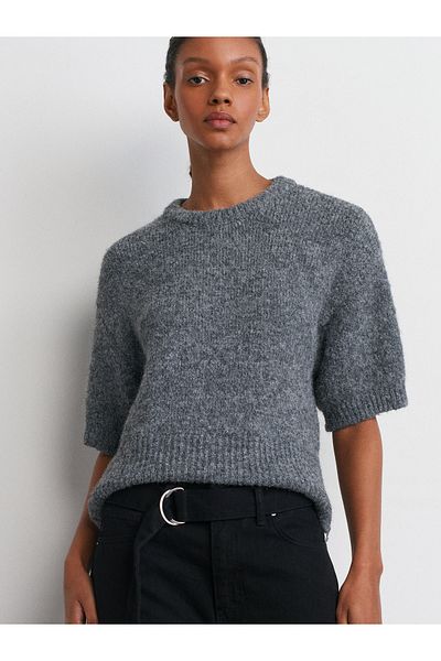 Dilvin 10677 Crew Neck Smoked Knitwear Sweater - Soft Texture, Short Sleeve