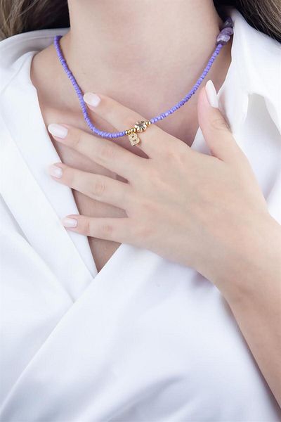 Sose Moda Lilac Bead Design Necklace with Letter B