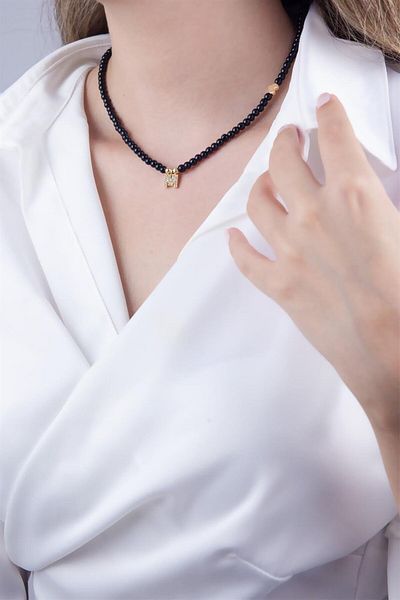 Sose Moda M Letter Black Pearl Design Necklace