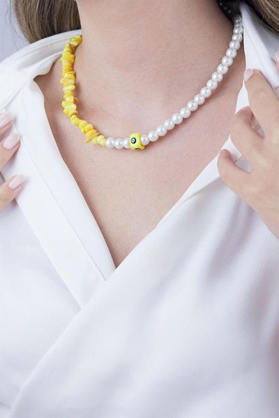 Sose Moda Yellow Evil Eye Bead Necklace with Broken Stone and Pearls