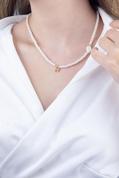 Sose Moda White Pearl Design Necklace with Letter H