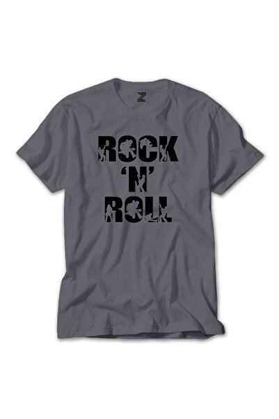 WAKHA Μαύρο μπλουζάκι με ροκ 'ν' ρολλ σχέδιο, γκρι χρώμα, μέγεθος XS