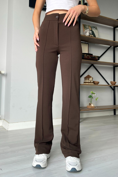 Orihime Kadın Kahverengi Likralı Krep Kumaş Yüksek Bel Çımalı İspanyol Paça Palazzo Kumaş Pantolon