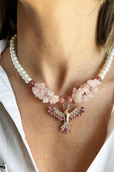 Sose Moda Natural Ceyd Sun Stone and Powder Broken Stone Phoenix Detailed Pearl Necklace