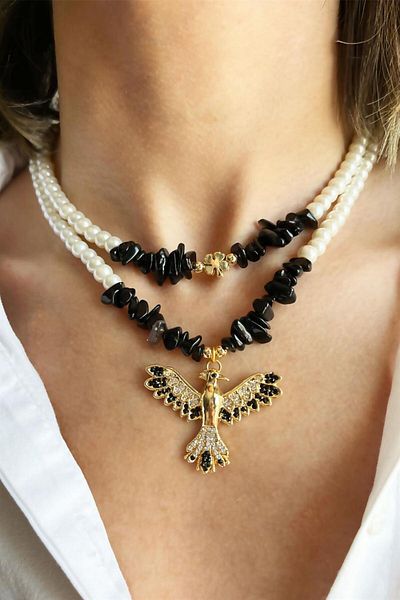 Sose Moda Black Natural Broken Stone Double Pearl Necklace with Phoenix Detail