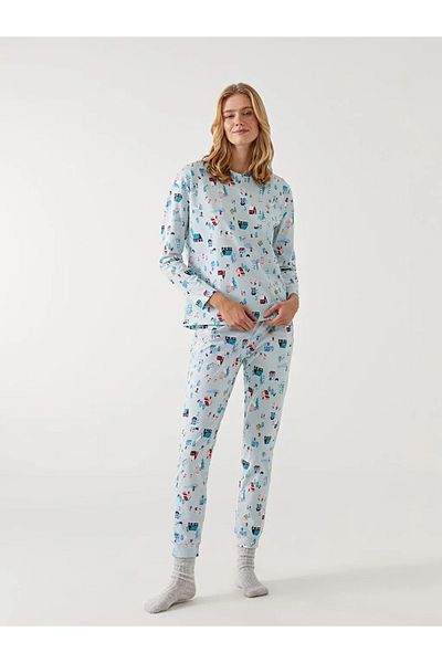 LC Waikiki Lcw Blue Crew Neck Print Women's Pajamas Set