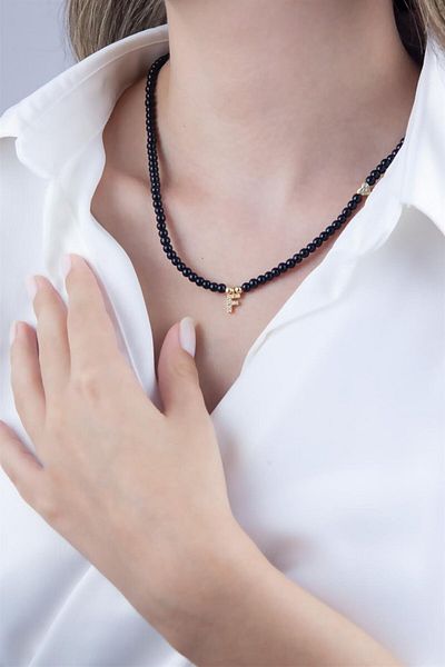 Sose Moda Black Pearl Design Necklace with Letter F