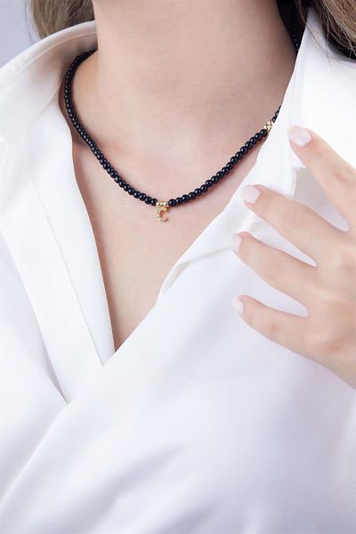 Sose Moda Black Pearl Design Necklace with Letter C