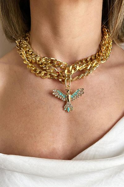 Sose Moda Turquoise Phoenix Detailed Triple Chain Necklace