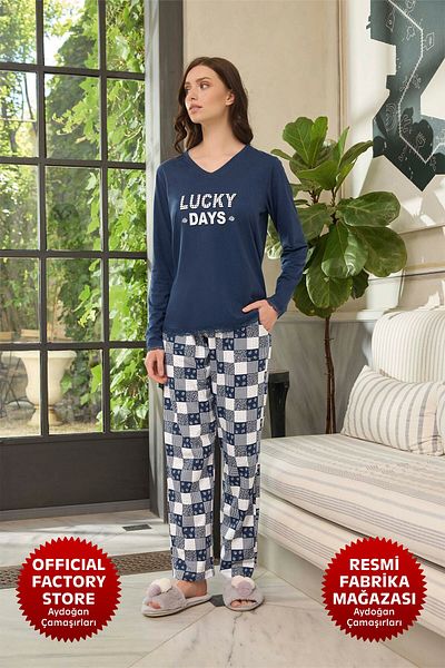 Aydoğan Women's Navy Blue Atlas V-Neck Long Sleeve Pajamas Set - B9-3 - 240620