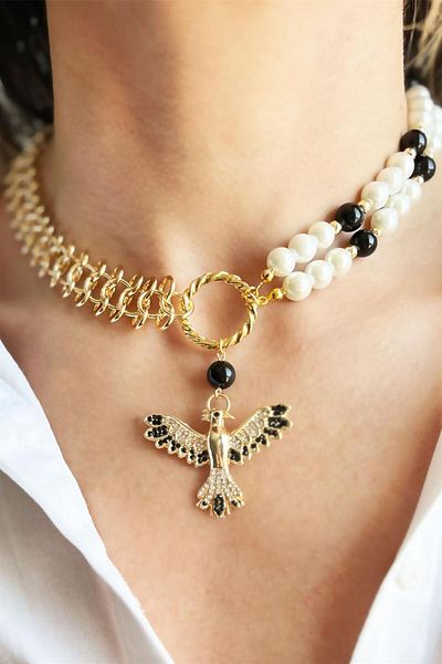 Sose Moda Black Phoenix Detailed Pearl and Chain Necklace