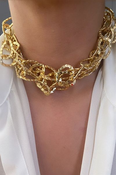 Sose Moda Star Embroidered Three Row Gold Chain Necklace