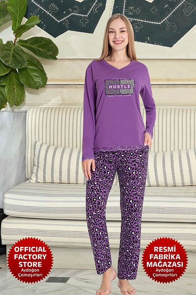 Aydoğan Purple Atlas V-Neck Long Sleeve Women's Pajamas Set - B16-4 - 240718   - Aydogan ®