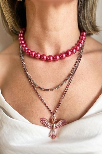 Sose Moda Claret Red Phoenix Detailed Multiple Pearl Chain Necklace