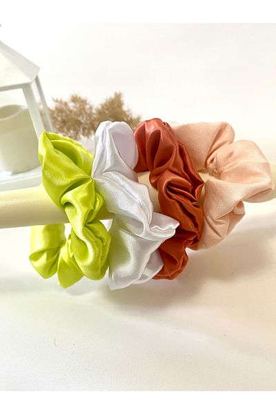 Toka Delisi 4 Pcs Green Kitten Mouth White Tile Comfortable and Stylish Scrunchie Satin Bagel Buckle