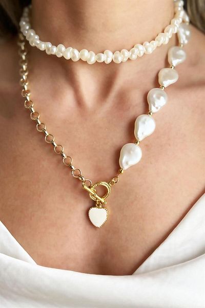 Sose Moda White Heart Detailed Baroque Double Pearl Necklace