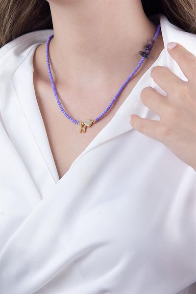 Sose Moda Letter H Lilac Bead Design Necklace