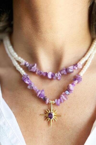 Sose Moda Purple Color Cracked Natural Rhinestone Polar Star Detailed Pearl Necklace