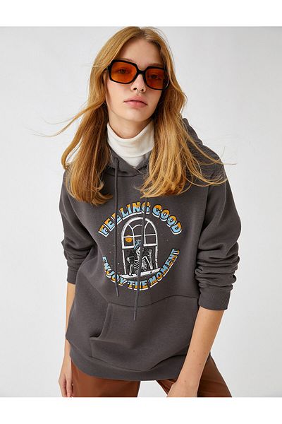 Koton Sweatshirt Hooded Printed with Pocket Detail and Fleece Inside
